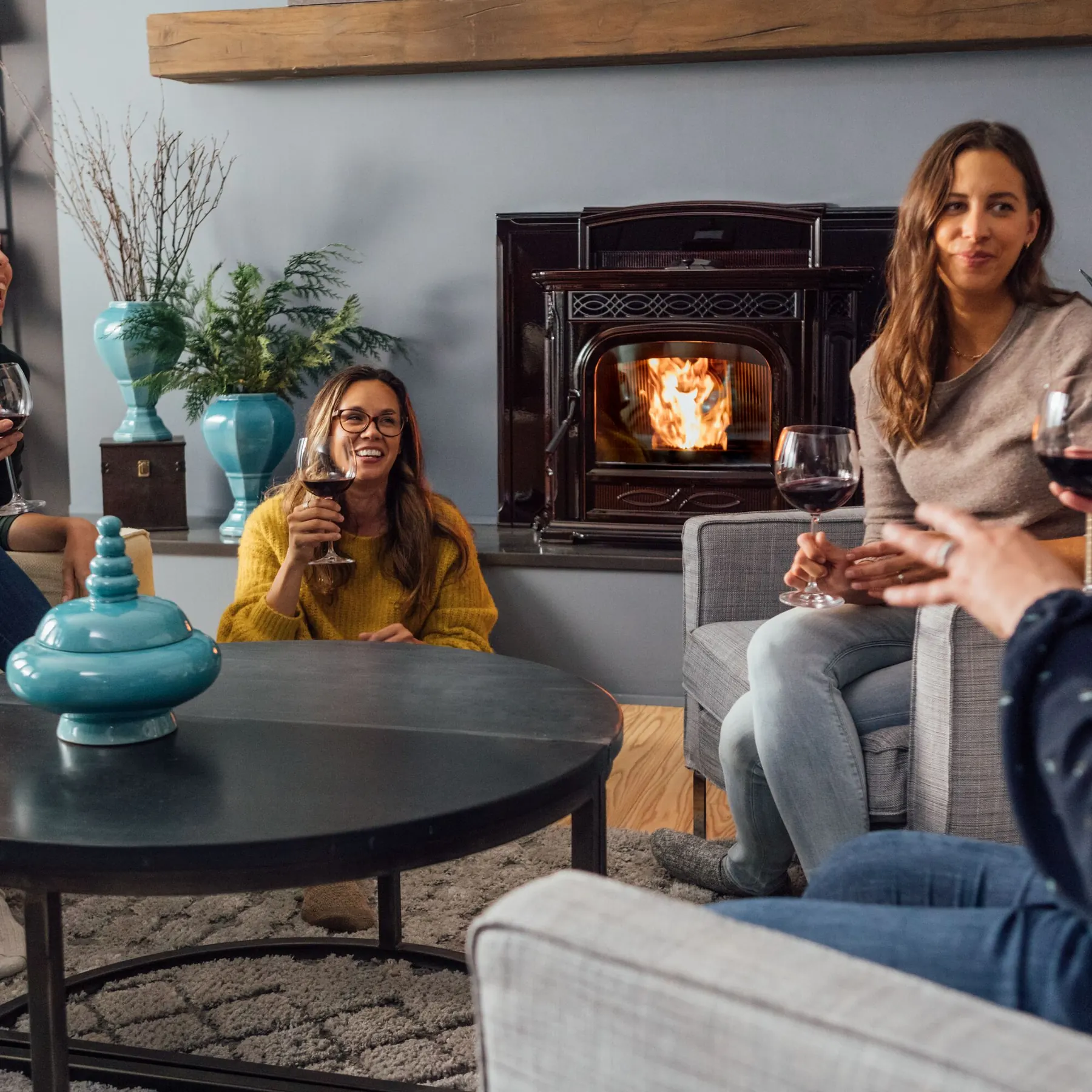 A Harman Accentra pellet insert burning in a family living room