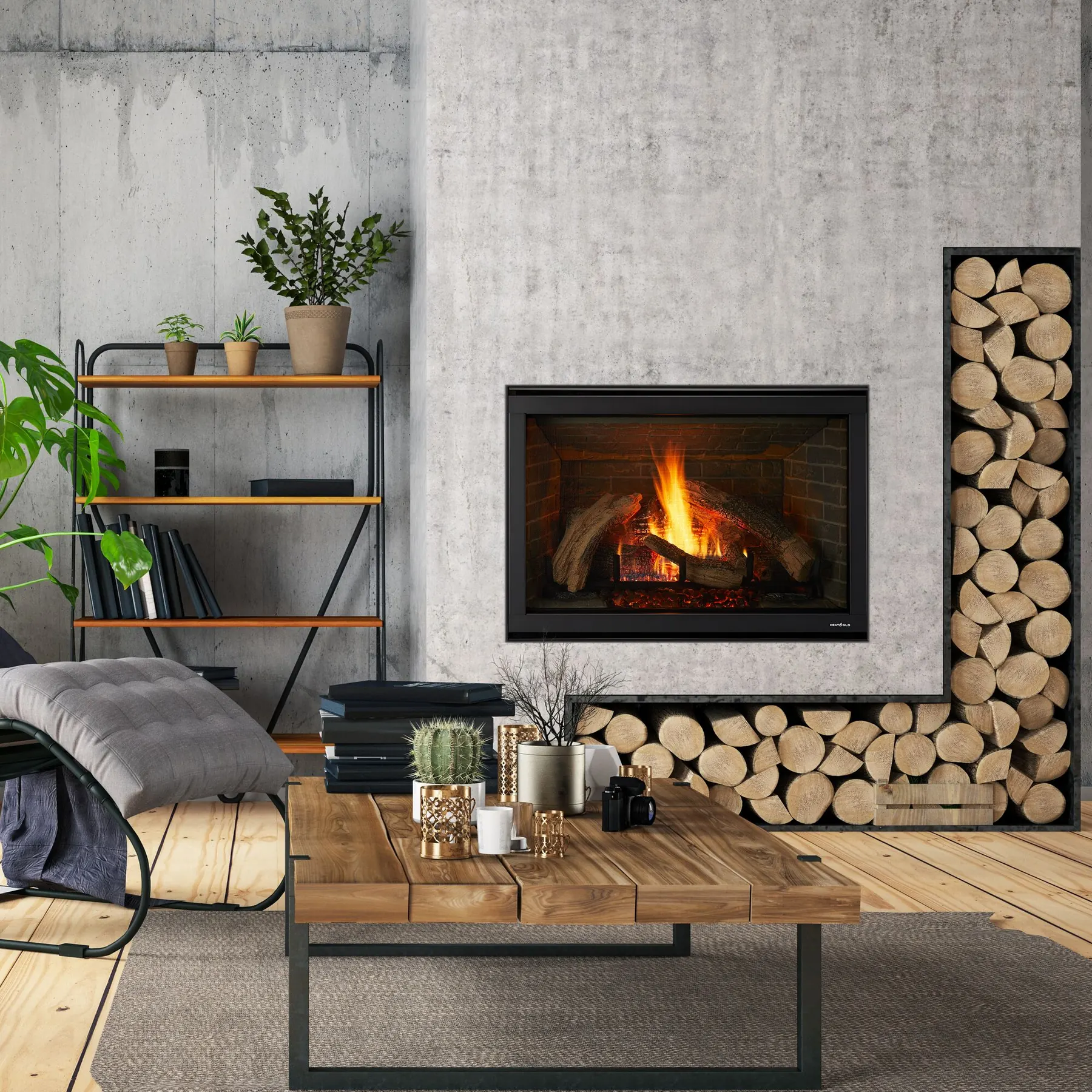 A Heat & Glo 8000 gas fireplace burning in a loft living room
