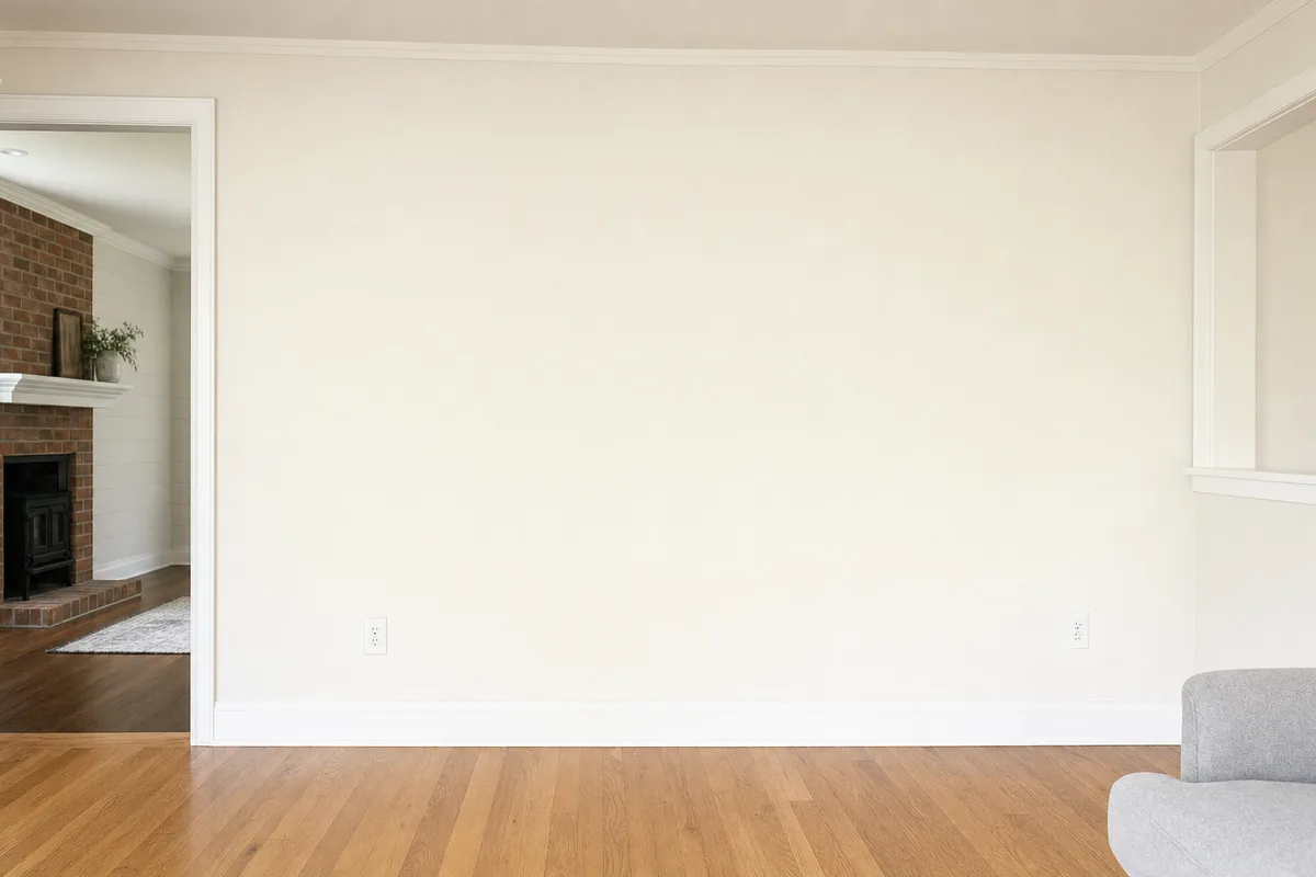 A blank living-room wall waiting for a fireplace