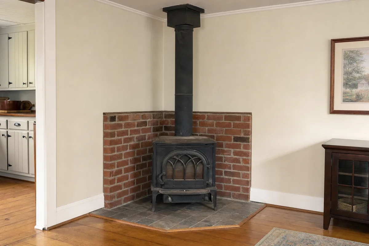 A worn freestanding stove on a hearth pad