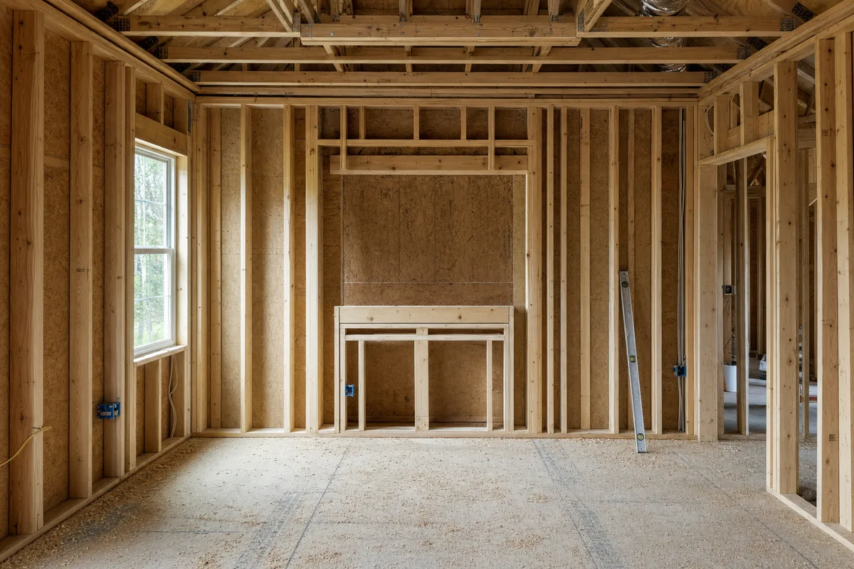A framed wall in new construction