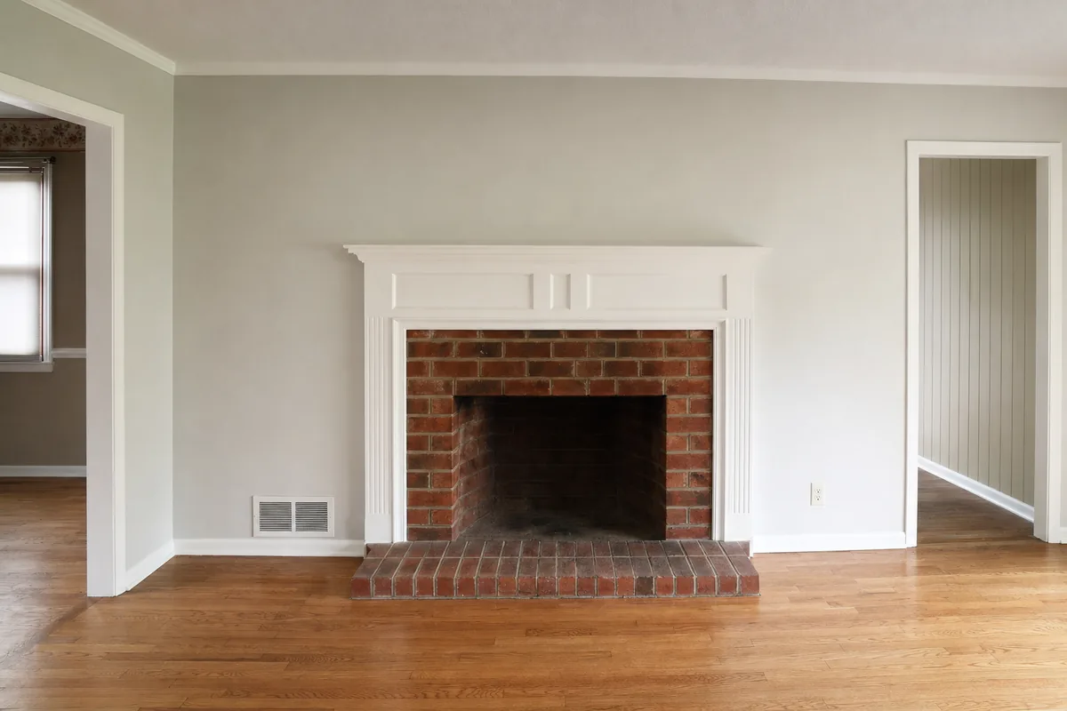 An open brick fireplace