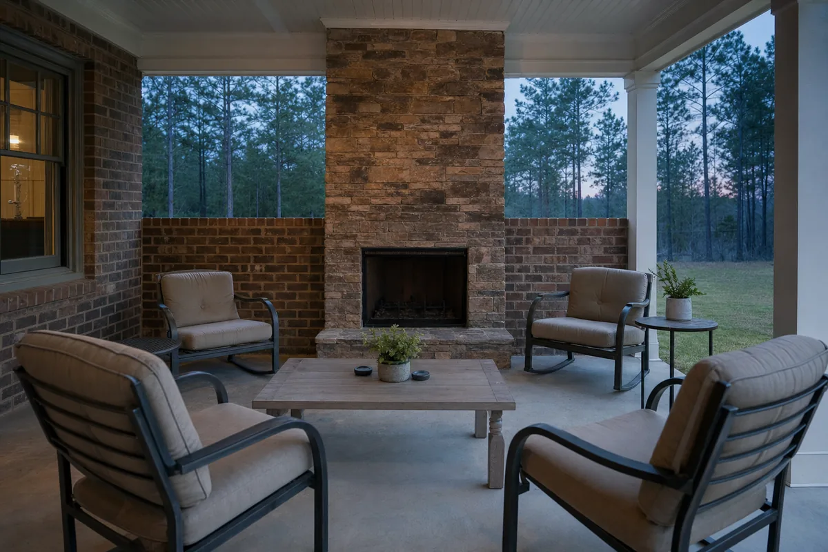 A patio with an outdoor fireplace at dusk